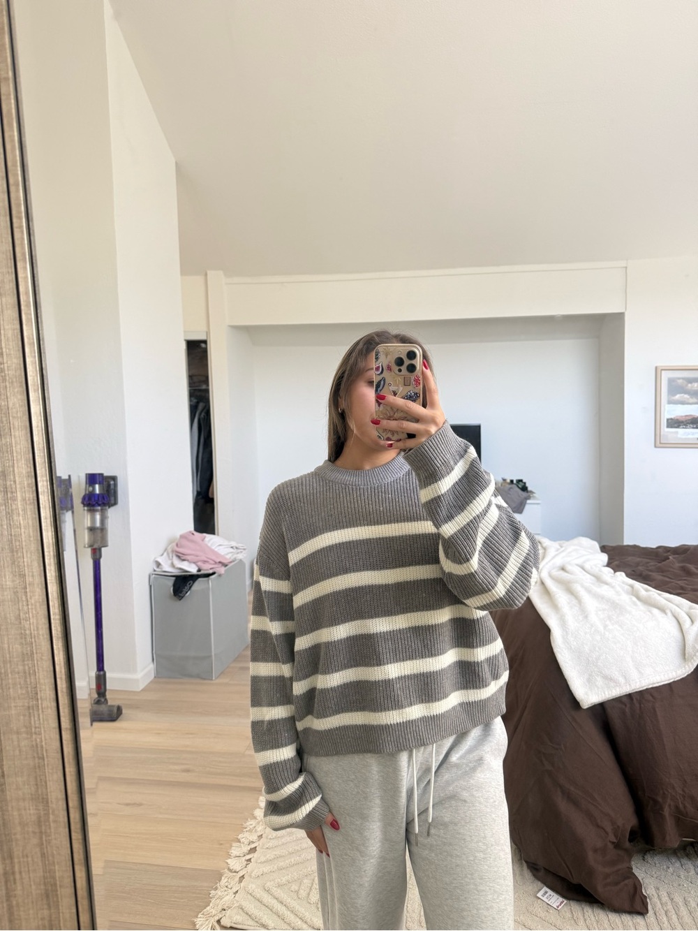 H&M Gray and Cream Striped Crew Sweater